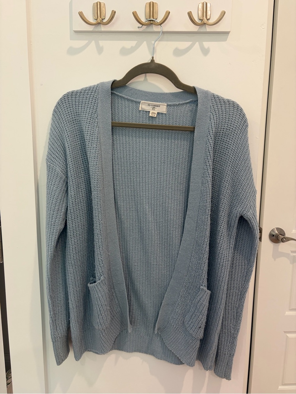 Light Blue Open-Front Waffle Knit Cardigan with Pockets